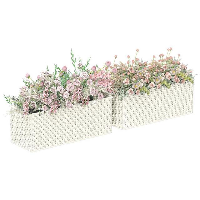 Outsunny Railing Planter Box (2 Pack, 20 Inch), Hanging Flower Pots with Hooks, Drainage Holes for Fence, Balcony, Garden, Patio, Rattan Look, White