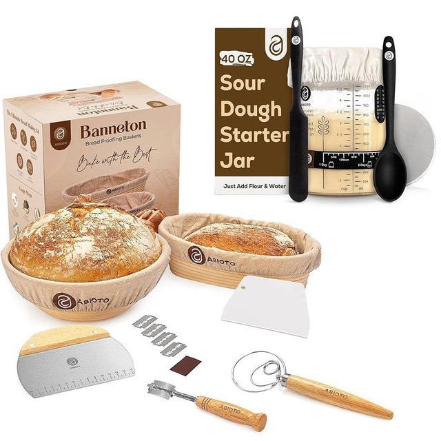 Sourdough Bread Baking Supplies and Starter Kit - Ultimate Bread Making and Sourdough Starter Kit with Proofing Baskets, Sourdough Jar, Bread Lame, Scrapers, and Danish Whisk