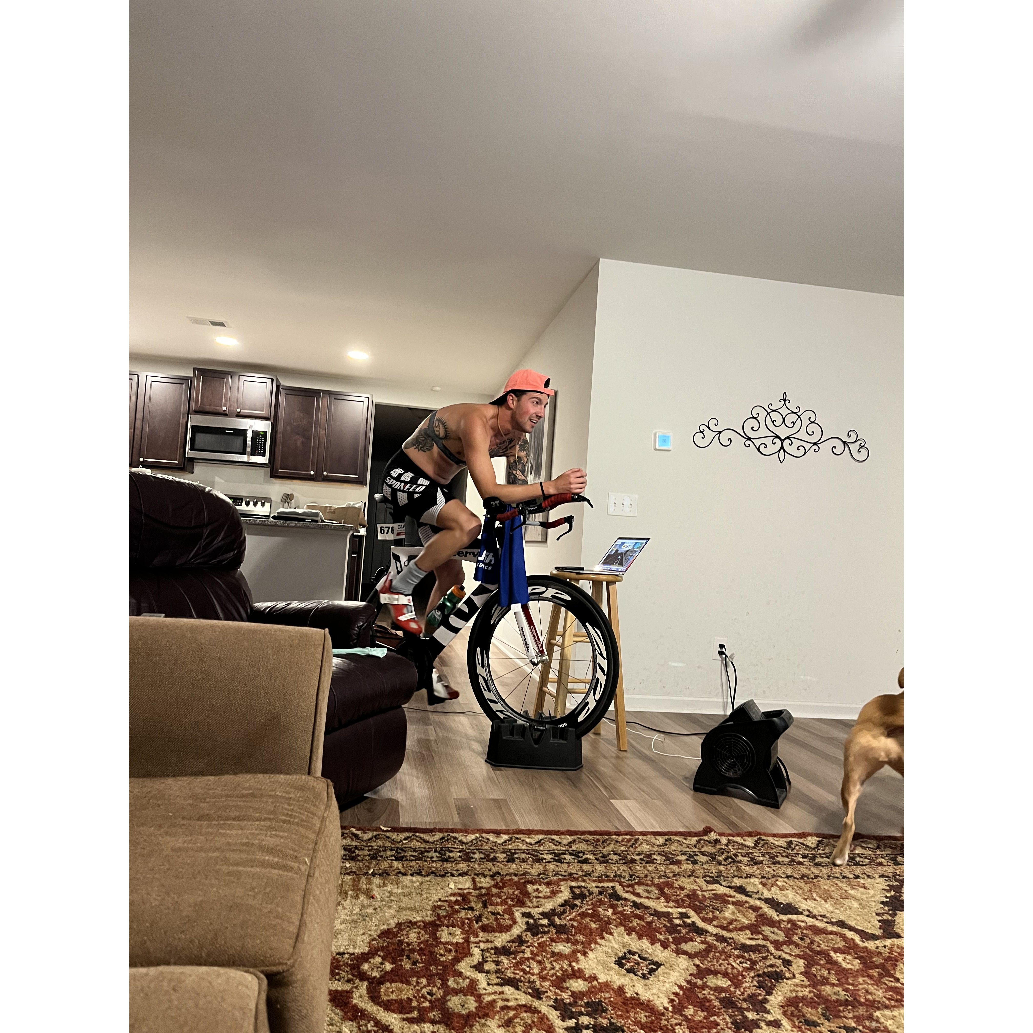 POV of what many of our first date nights looked like. Parker on the trainer while we watched a movie together.
