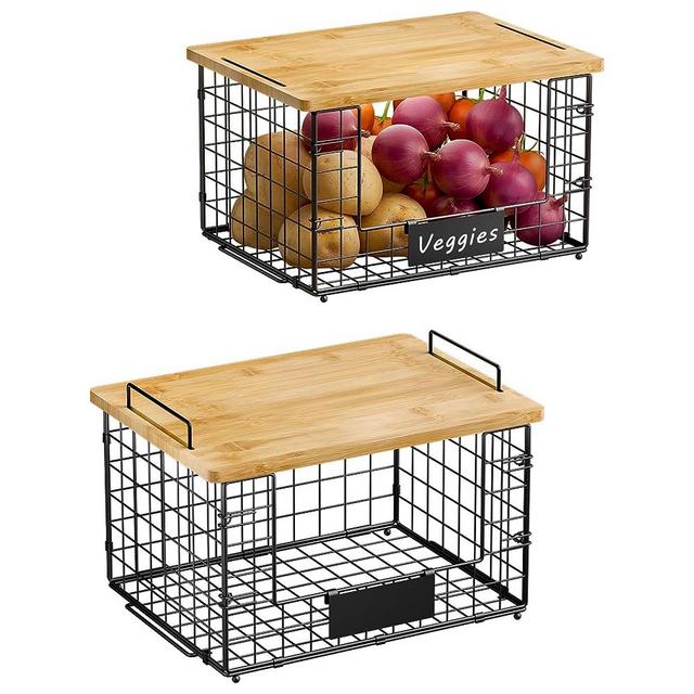 2 Pack Stackable Wire Baskets with Bamboo Top for Pantry Organizers and Storage, XL Kitchen Organization Counter Basket for Fruit, Vegetable, Produce, Bread, Potato and Onion Storage Bins