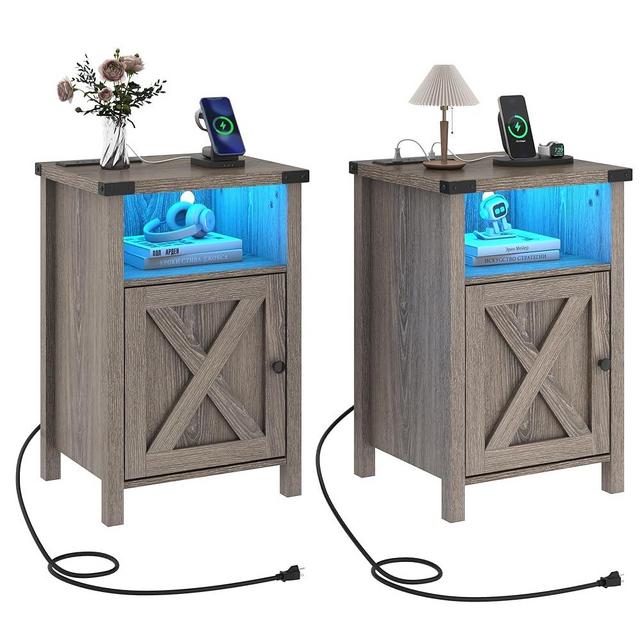 Hlivelood Farmhouse LED Nightstand Set of 2 with Charging Station, Rustic End Table with Barn Door & Storage Shelf, Bedside Table for Bedroom, Living Room, Grey