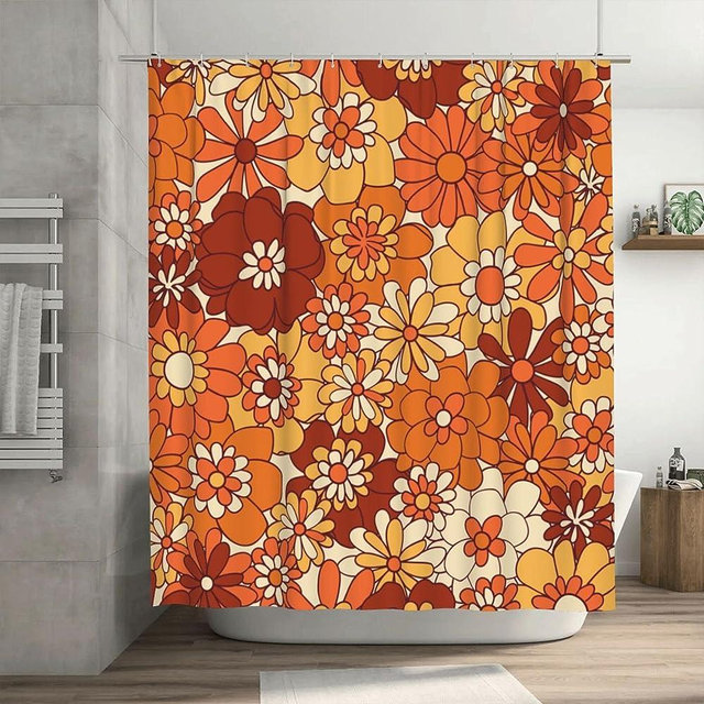 Ohocut Orange Floral Shower Curtain, Retro Boho Shower Curtains for Bathroom Aesthetic, Cute Groovy Flower Bath Curtains, Waterproof Polyester Fabric Fall Shower Curtain 72x72 Inch