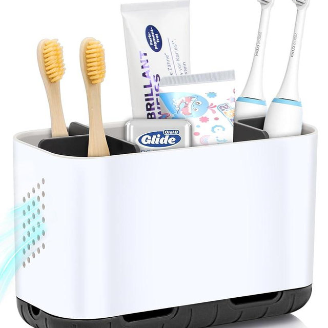 LAFARA Toothbrush Holders for Bathrooms, Electric Toothbrush and Toothpaste Holder with Adjustable Dividers and Drainage, Kids Toothbrush Organizer for Bathroom Countertop
