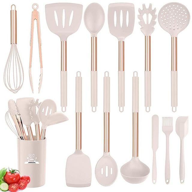Silicone Cooking Utensil Set, 14pcs Kitchen Utensils Set Non-stick Heat Resistant Cookware Copper Stainless Steel Handle Cooking Tools Turner Tongs Spatula Spoon - BPA Free, Non Toxic