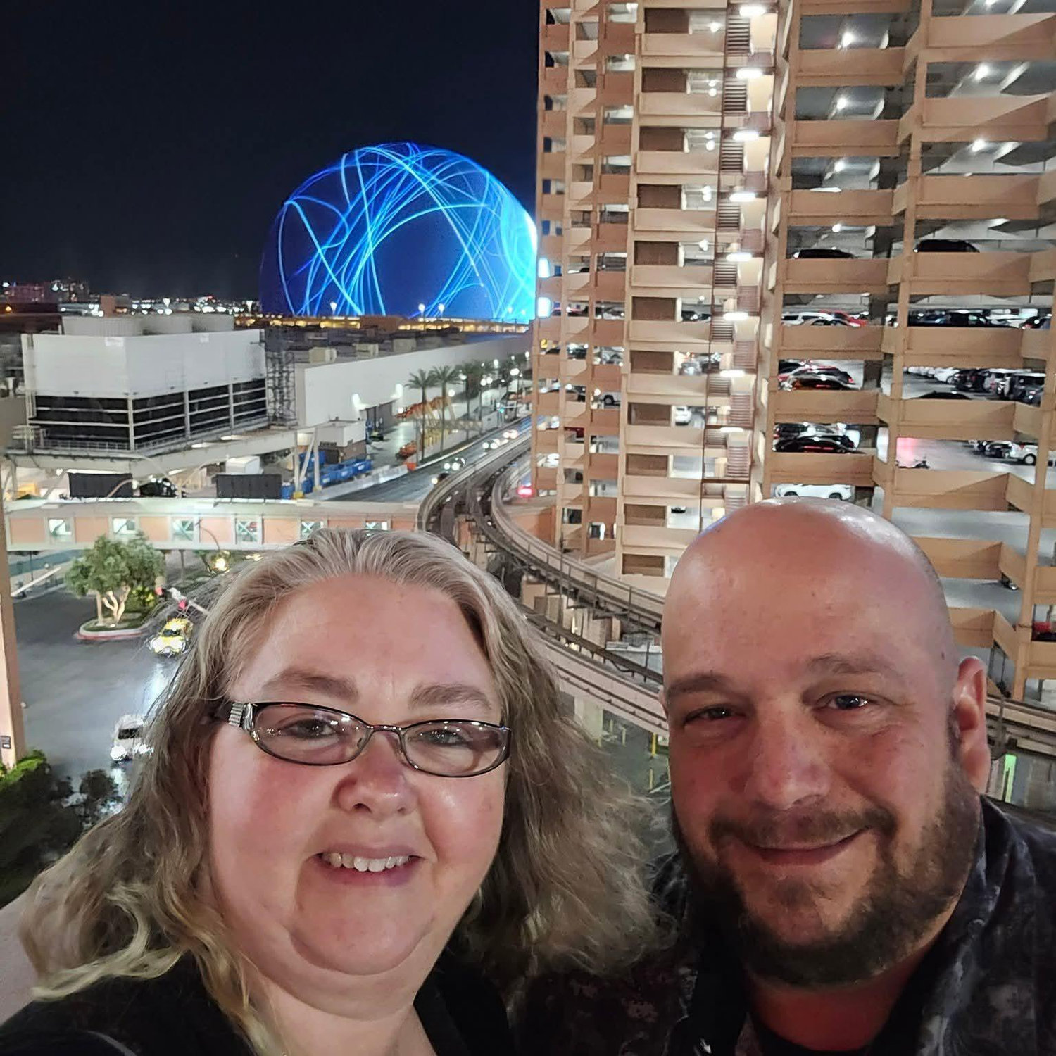 Alone on the fourth floor of an empty parking garage, best view of the sphere.