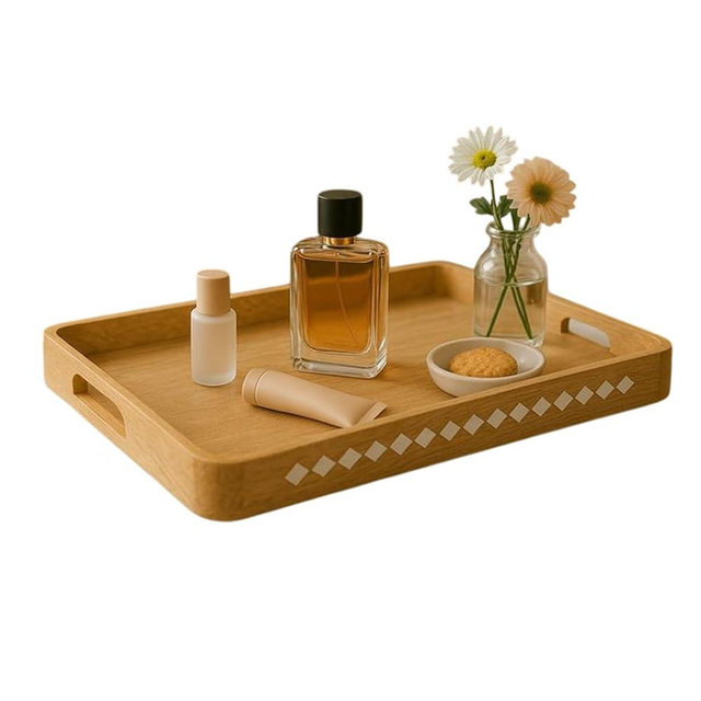 Mela Artisans Wooden Serving Tray with Handles | 15x10x1.75 inch | Mango Wood Decorative Tray | Ottoman Tray | Snacks | Desserts | Breads | Coffee Table | Bedroom | Rounded Edge Design