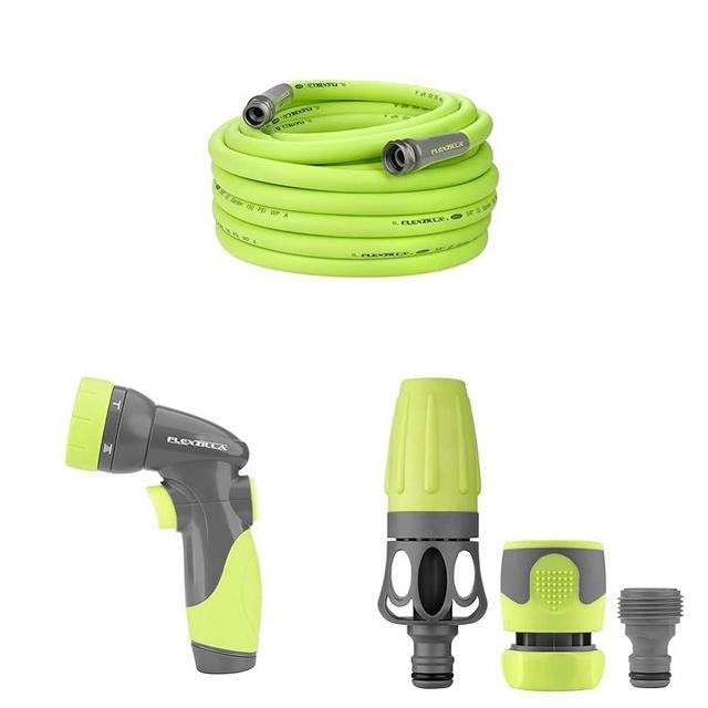 Flexzilla Garden Hose 5/8 in. x 75 ft, Heavy Duty, Lightweight, Drinking Water Safe, ZillaGreen - HFZG575YW-E & 6-Pattern Adjustable Garden Hose Nozzle & Garden Hose Nozzle Kit, 3-Piece - HFZGAK01