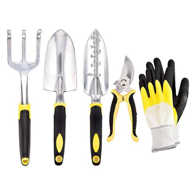 MeetLucky Garden Tool Set, 5 Pack Gardening Gift Kit Aluminum with Soft Rubber Anti-Skid Ergonomic Handle, Includes Hand Trowel, Transplant Trowel, Cultivator Hand Rake, Pruner and Gardening Gloves