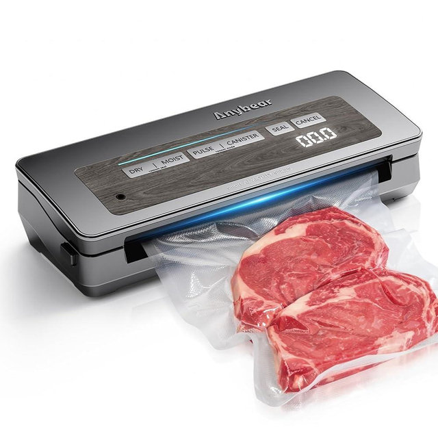 Anybear Vacuum Sealer Machine, 90kPa 120W Wide Seal All-IN-1 Powerful Food Storage, Build-in Cutter | Bags Storage | Digital Countdown Display | 2 Bag Rolls and 5pcs Pre-cut Bags (Gray)