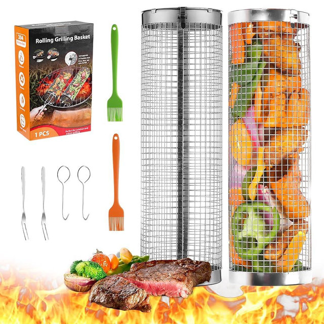 Rolling Grill Baskets, 2Pack Outdoor Veggies Grill BBQ Net Tube Tools Set, Stainless Steel Round Mesh Rotation Barbecue Cylinder Cage Camping Cooking Accessories for Shrimp, Meat