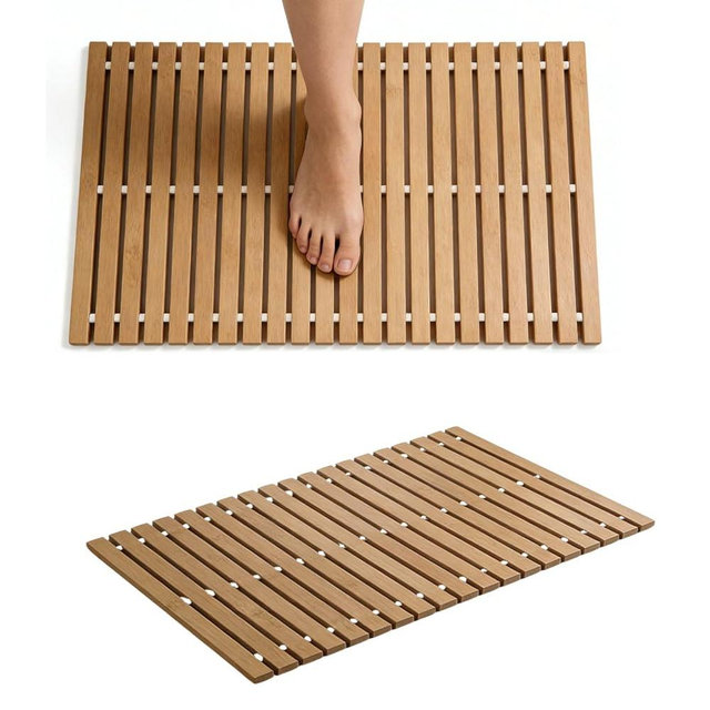 2Pcs Bamboo Bath Mat, 24 x 16 Inches Foldable Bamboo Shower Mats (Carbonized Color), Non-Slip Wood Bath Mats Eco Bath Mat for Spa, Sauna
