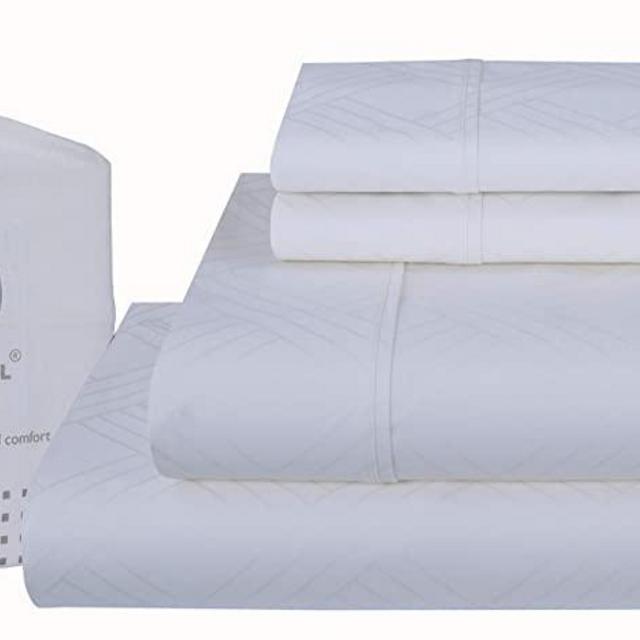 800-Thread-Count Jacquard Celine 100% Cotton Sheets & Pillowcases Damask Set - 4 Piece Extra-Long Staple Combed Cotton Sateen King Size Sheets Luxury Bedding Deep Pocket, Ivory