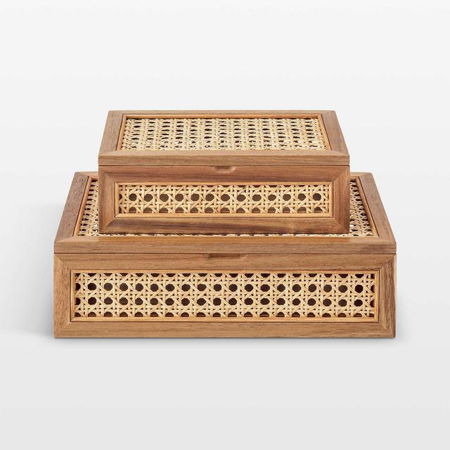NeatMethod Cane and Wood Decorative Boxes with Lids, Set of 2