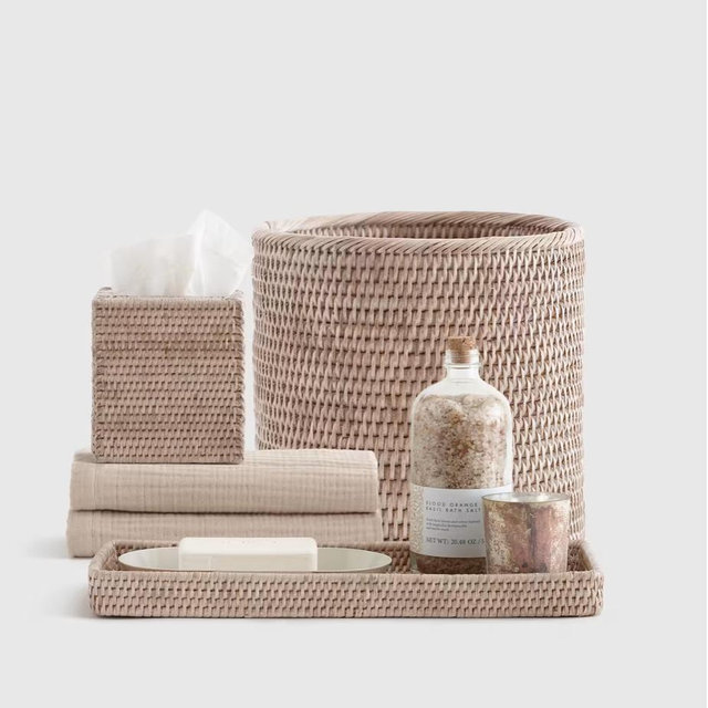 Rattan Bathroom Accessory Set in White Wash