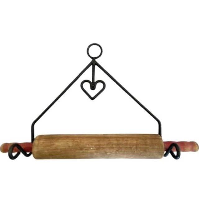 Rolling PIN Rack with Heart - Solid Wrought Iron Kitchen Wall Mount Holder Amish Handcrafted USA