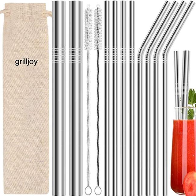 grilljoy 13pc Reusable Metal Straws for Drinks with 2 Cleaning Brushes - Various Stainless Steel Straws with 4 Straight 4 Bent 2 Boba Straws - Eco Friendly Drinking Straws with Case for Tumbler Yeti