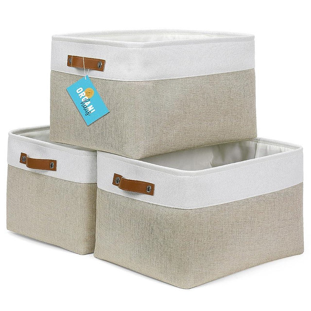 OrganiHaus Extra Large Fabric Storage Baskets for Shelves 3 Pack | 16x13in Closet Storage Bins for Shelves | Cloth Baskets for Organizing | Linen Closet Organizers | Fabric Storage Bin - Beige/White