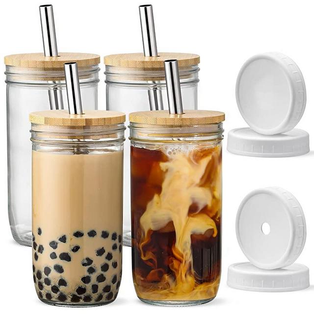 [4 Pack ]Glass Cups Set - 24oz Mason Jar Drinking Glasses w Bamboo Lids & Straws & 2 Airtight Lids - Cute Reusable Boba Bottle, Iced Coffee Glasses, Travel Tumbler for Bubble Tea, smoothie, Juice
