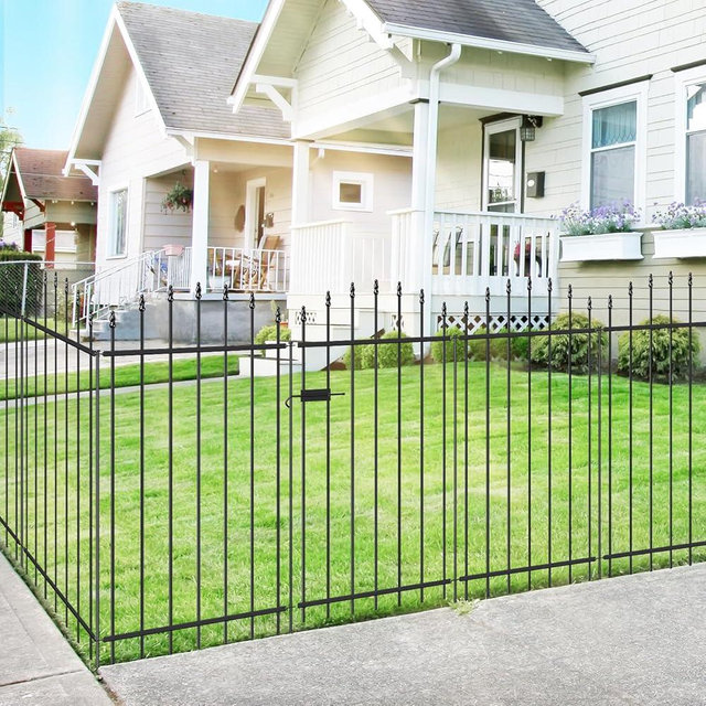 FOREHOGAR Metal Garden Fence with Gate 42 in H x 12 ft L, 1 Gate + 5 Panels Border Dog Fence Panels Animal Barrier, No Dig Garden Fencing for Yard Patio Flower Bed Lawn Outdoor, Arch Black
