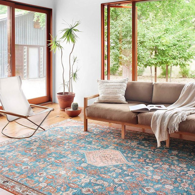 Loloi Layla Collection LAY-10 Marine/Clay 2'-6" x 12'-0" .13" Thick Runner Rug, Soft, Durable, Vintage Inspired, Distressed, Low Pile, Non-Shedding, Easy Clean, Printed, Living Room Rug