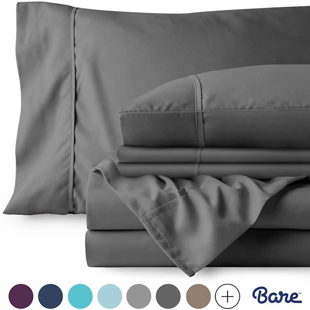 Bare Home 6 Piece 1800 Deep Pocket Bed Sheet Set - Ultra-Soft Hypoallergenic - 4 Pillowcases (King, Grey)