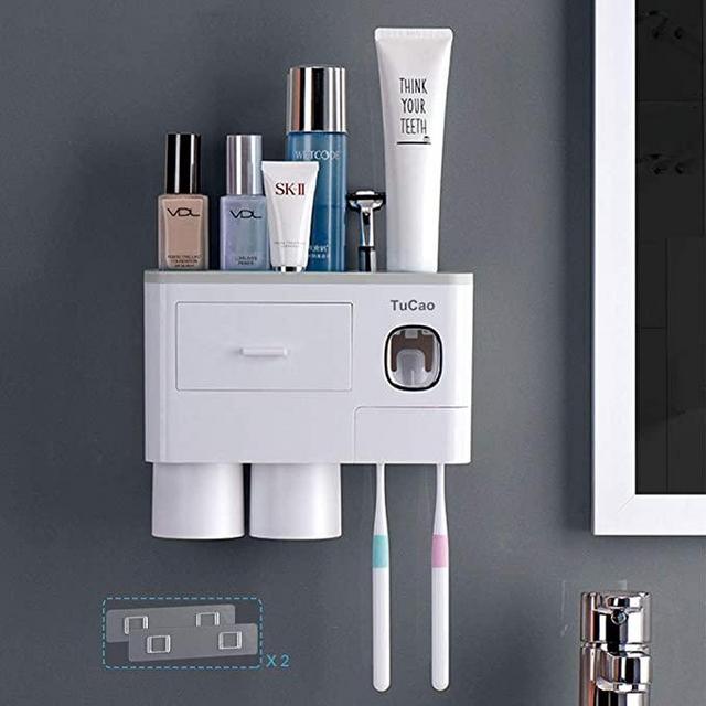 TuCao Automatic Toothpaste Dispenser Squeezer Kit with Toothbrush Holder Wall Mounted, 6 Toothbrush Slot with Cover, 3 Magnetic Cups and Cosmetic Organizer Drawer(3 Cups)