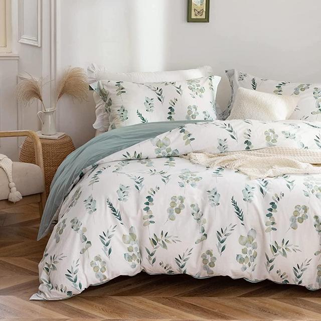 Farmhouse Duvet Cover Set - 100% Washed Cotton Sage Green Eucalyptus Printed Soft Bedding Set with Zipper Closure 4 Ties Queen Size