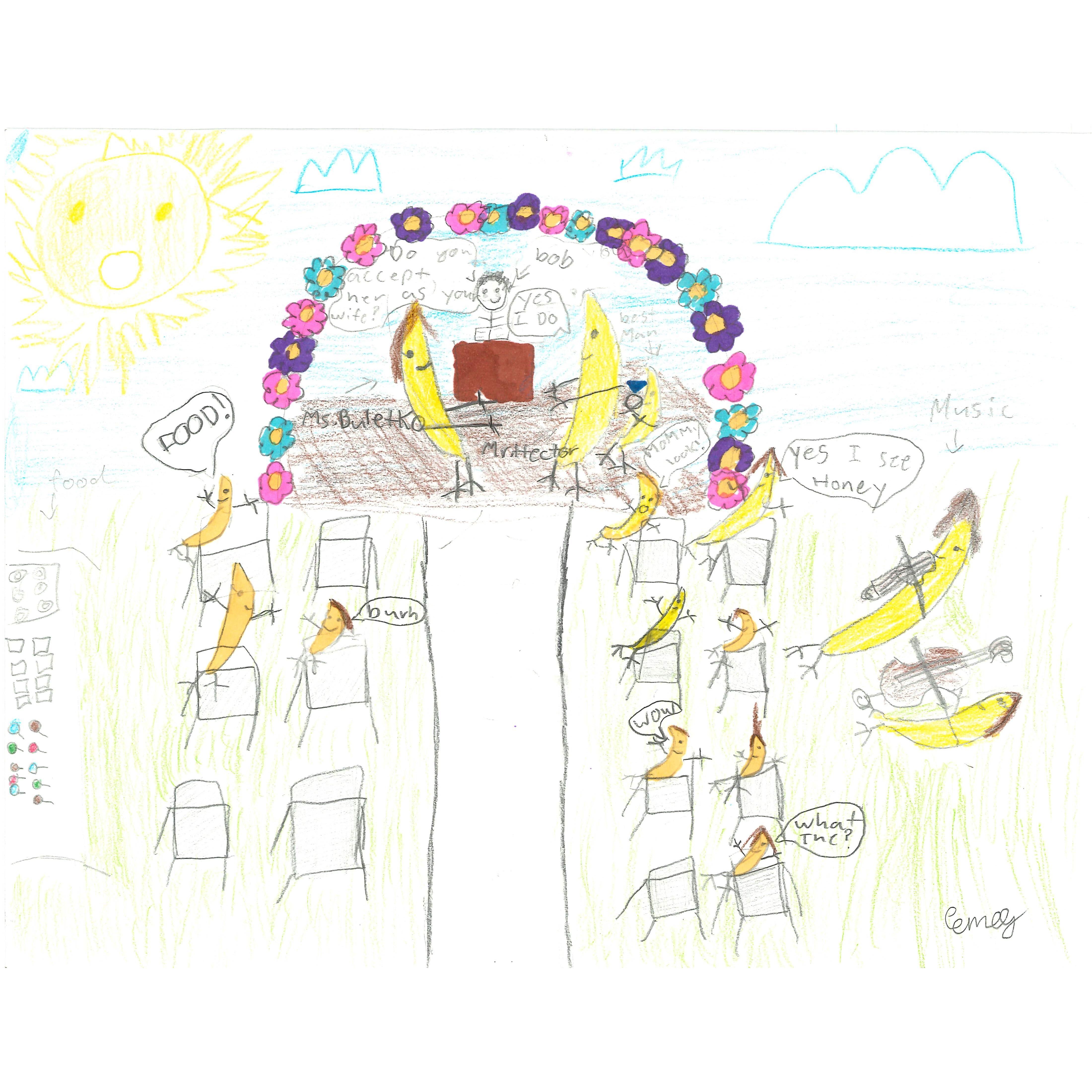 Megan's student drawing. Ms. Buletko and Mr. Hector as bananas :)