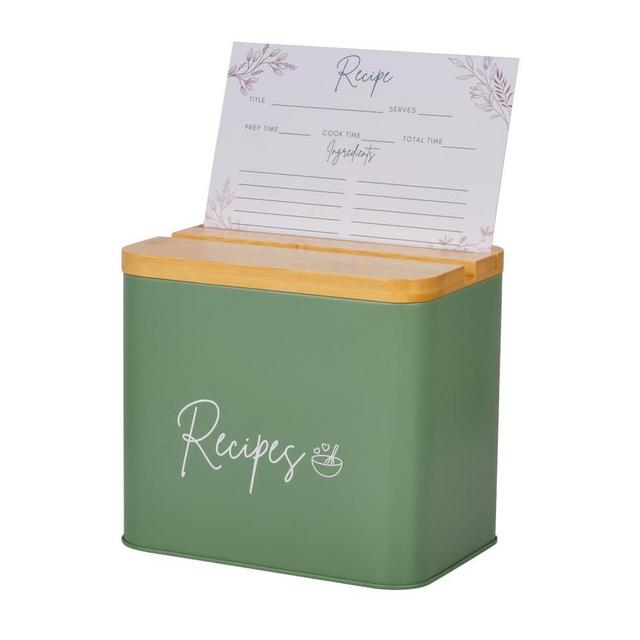 Recipe Box With Cards And Dividers | Sage Green Recipe Cards And Box Set | Recipe Card Box Set w/ 12 Dividers & 30 Blank 4 x 6" Recipe Cards | Stylish Tin Recipe Organizer with Wooden Lid