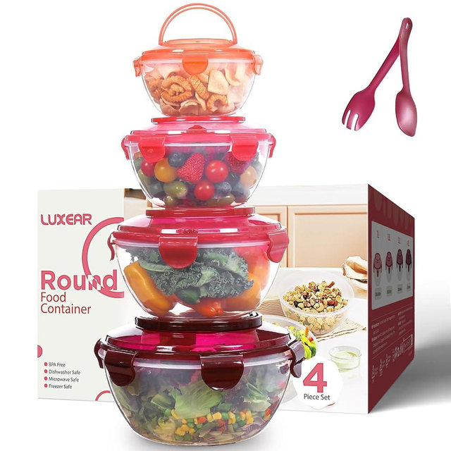 LUXEAR Large Produce Saver Container, Fresh Containers with Airtight Lids and Handle for Fridge Keep Fresh Long 4 Set BPA-Free Salad Mixing Bowls for Cooking,Baking,Prepping,Dishwasher Safe