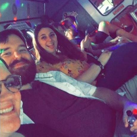 Enjoying a party bus for our friend's birthday.
