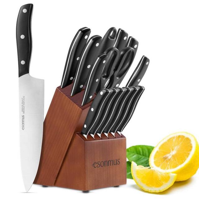 Esonmus 15-Piece Stainless Steel Forged Chef Knife Block Set with Sharpener