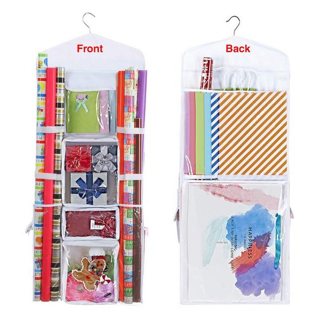 ProPik Hanging Double Sided Wrapping Paper Storage Organizer with Multiple Front and Back Pockets Organize Your Gift Wrap & Gift Bags Bows Ribbons 40”X17 Fits 40 Inch Rolls (White)