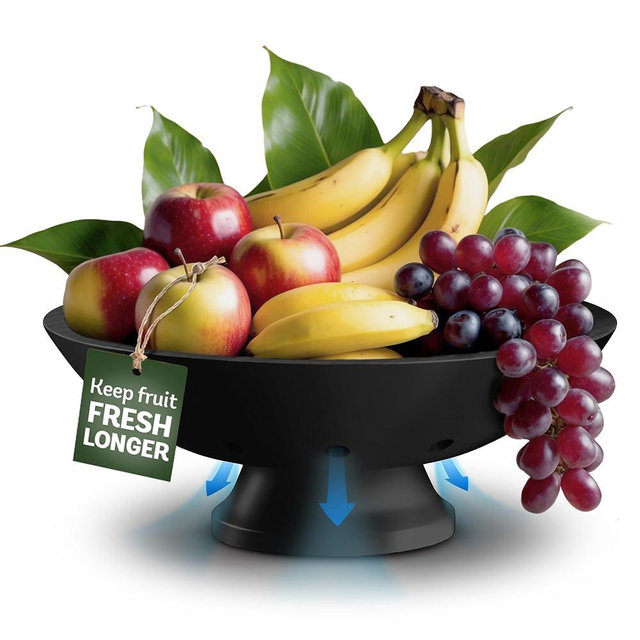 Bambüsi Black Fruit Bowl - 11" Large Wooden Pedestal Bowl for Kitchen Counter & Dining Table Centerpiece, Modern Premium Bamboo Fruit Basket & Banana Holder for Fresh Produce, Bread & Home Decor
