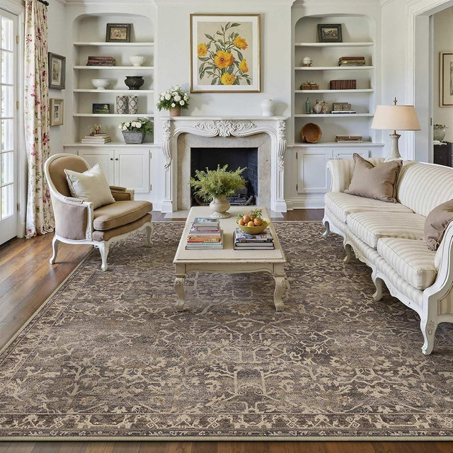 HUGEAR Area Rug 8x10 Retro Brown Machine Washable Living Room Rugs Distressed Vintage Floral Vacuumable Low Pile Carpet Bedroom Office Dining Room Laundry Room Non Slip Soft Lightweight