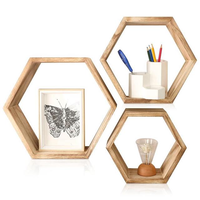 BEARDO DECOR 3-Pack Hexagon Shelves for Wall Wood Floating Shelves Honeycomb Shelves for Wall Wooden Shelves for Bathroom Kitchen Bedroom Living Room Floating Wood Shelves for Home Decor (Light Color)