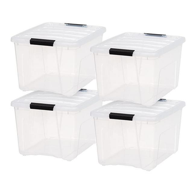 IRIS USA 40 Qt. Plastic Storage Bin Tote Organizing Container with Durable Lid and Secure Latching Buckles, Stackable and Nestable, 4 Pack, Clear with Black Buckle