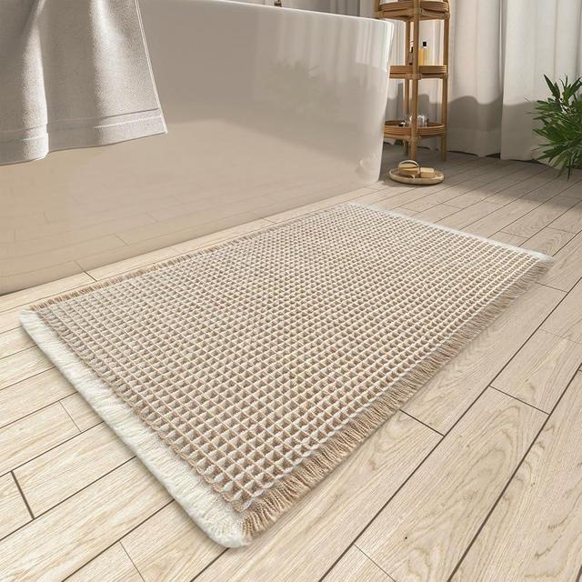 AMOAMI Upgraded Waffle Bath Mat, Super Absorbent Non Slip Bath Mats for Bathroom Floor, Machine Washable Bathroom Rugs with Tassels, Rubber Backed Bathroom Mats, Ultra Soft, 24" x 36",Brown & Cream