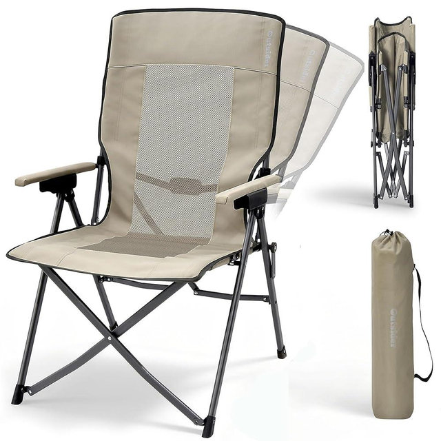 OUTSIDER 3-Position Portable Camping Chair- Heavy Duty 350 lb, Breathable Mesh, Outdoor Folding Chair for Camping, Lawn, Backyard - Includes Carry Backpack & Quick-Hook Ports (Beige)