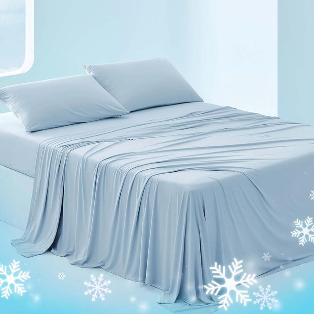 Bedsure Breescape Cooling Sheets Queen, Cooling Sheets for Hot Sleeper, Deep Pocket Up to 17.5", Breathable Bed Sheets, 4 Pieces, Blue Sheet Set