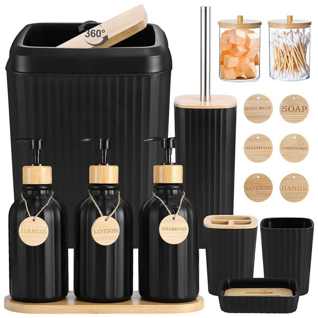 Black Bathroom Accessories Set 17PCS Bathroom Set with Trash Can 3PCS Lotion Soap Dispenser, Toothbrush Holder, Soap Dish,Tumbler Cup,6PCS Wood Tags Bath Accessories with Tray for Kitchen Bathroom
