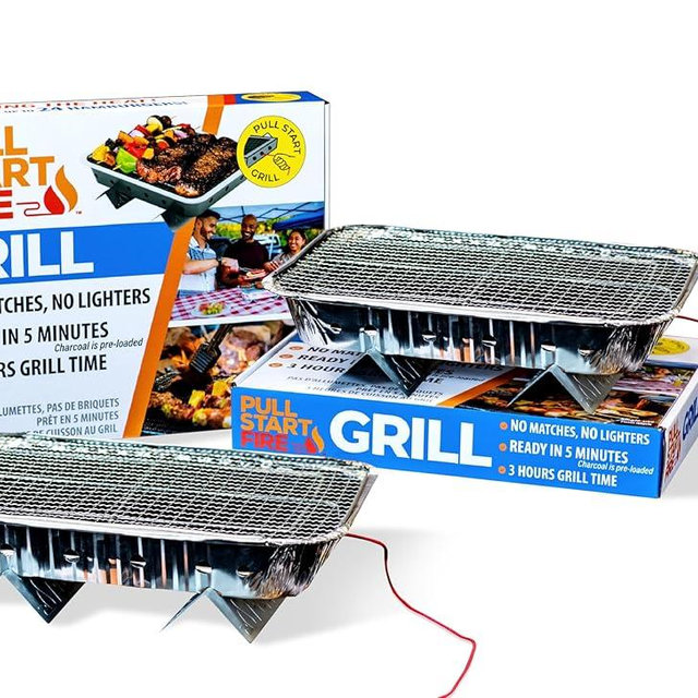Pull Start Fire Grill | Single Use Portable Disposable Charcoal BBQ with Pull Start Matchless Ignition | Ready in 5 Min, 3 Hour Burn | Camping, Tailgating, Outdoor Cooking, No Cleanup Needed
