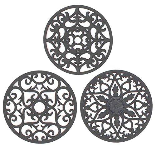 Silicone Trivet Mat, IPHOX Set of 3 Multi-Use Intricately Carved Hot Pot Trivets for Hot Dishes, Kitchen Mats, Table Mats, Insulated Flexible Non-Slip & Heat Resistant Dish Mats and Coasters (Gray)