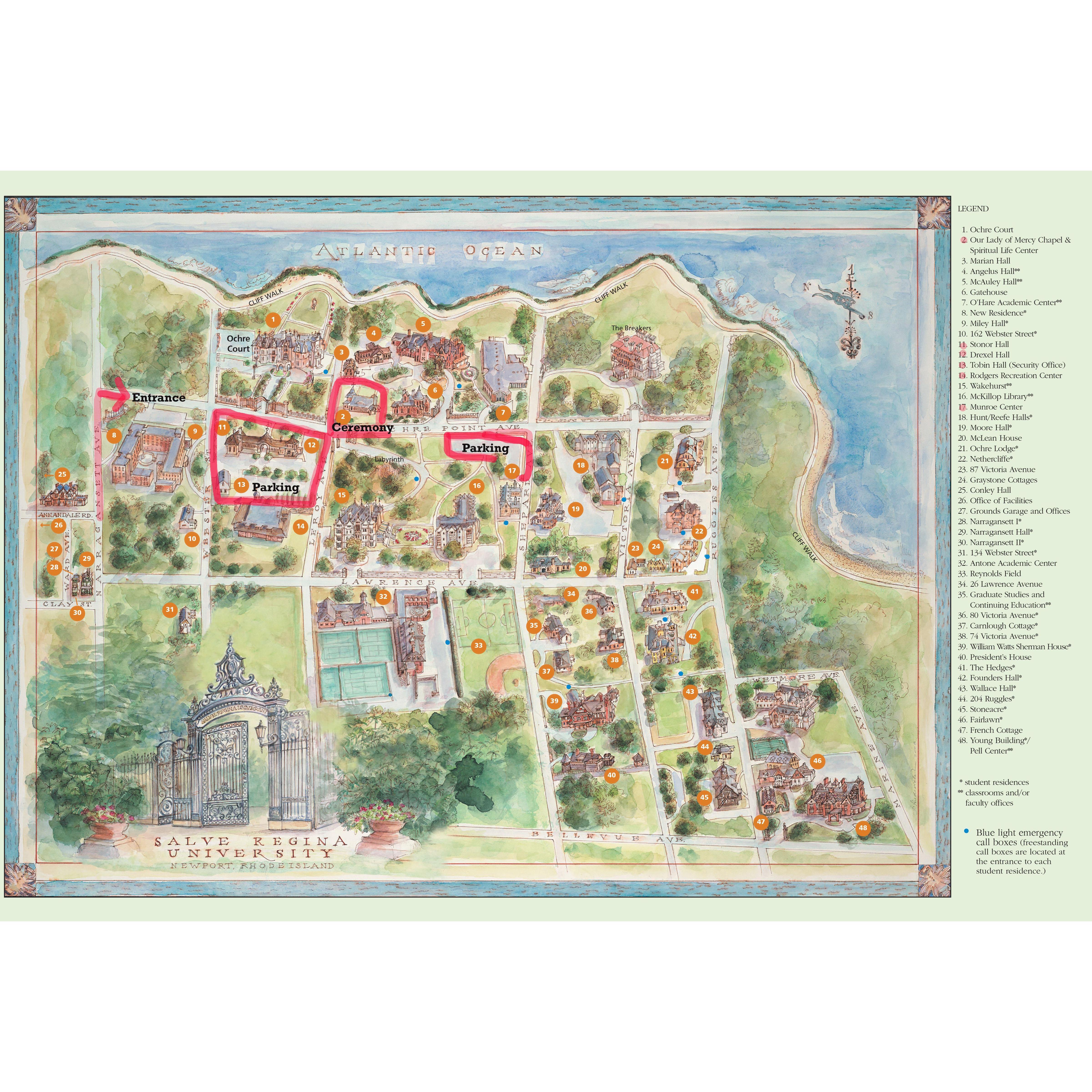 Campus map with notations on where to park and chapel location.