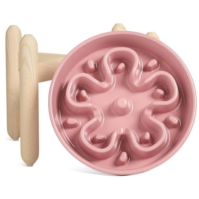 LE TAUCI Ceramic Slow Feeder Dog Bowls Elevated, 3 Cups Raised Dog Bowl with Wooden Stand for Medium Large Breed, Dog Dishes to Slow Down Eating, Puzzle Dog Food Bowl, Flower Pink