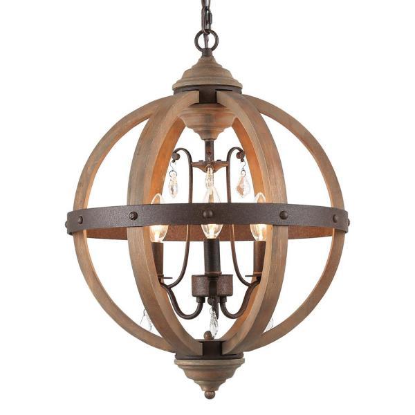 Navejo 3-Light Bronze Orb Wood Chandelier with Crystal Drops