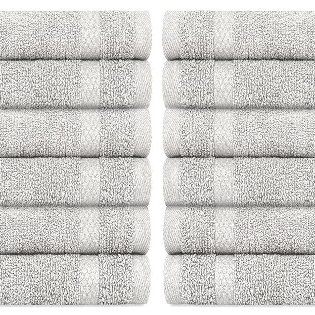 White Classic Luxury Cotton Washcloths - Large Hotel Spa Bathroom Face Towel | 12 Pack | Silver