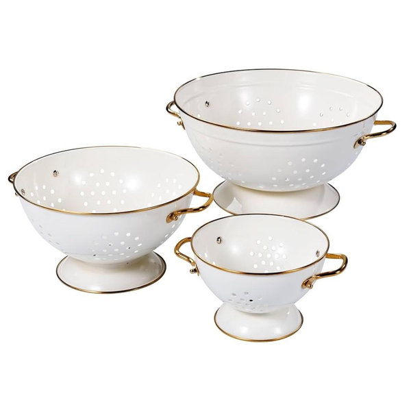 Metal Colander Set of 3, Strainer Basket with Handles perfect for Spaghetti, Pasta, Berry, Vegetable, Fruit, Solid Base Powder Coated Kitchen Essential Strainer Set, 1 & 3.5 & 5 Qt (Cream)