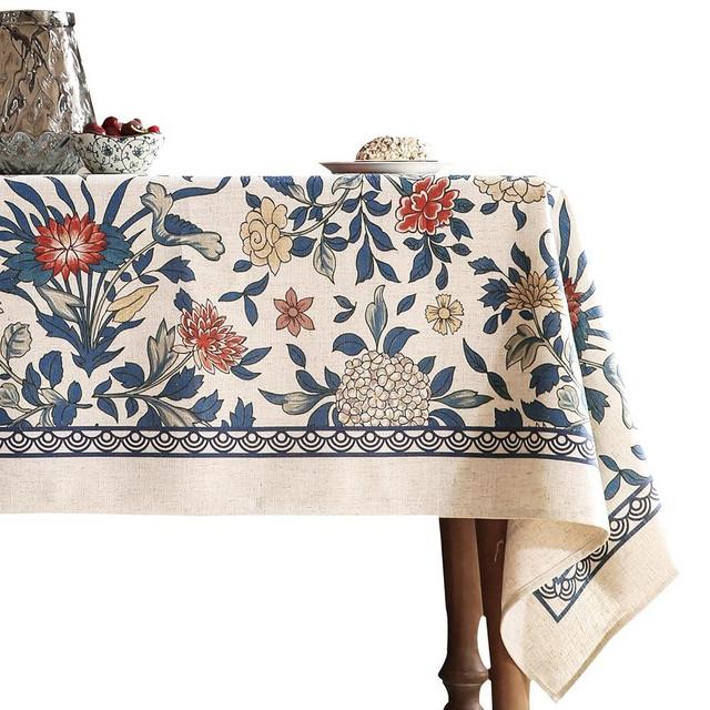 patdrea Designer Blue Tablecloth for Rectangle Tables,Vintage Linen with Leaves and Flowers Pattern Tablecloths,Farmhouse Floral Table Cover Cloth Decor for Kitchen Dining Christmas,55"*87"