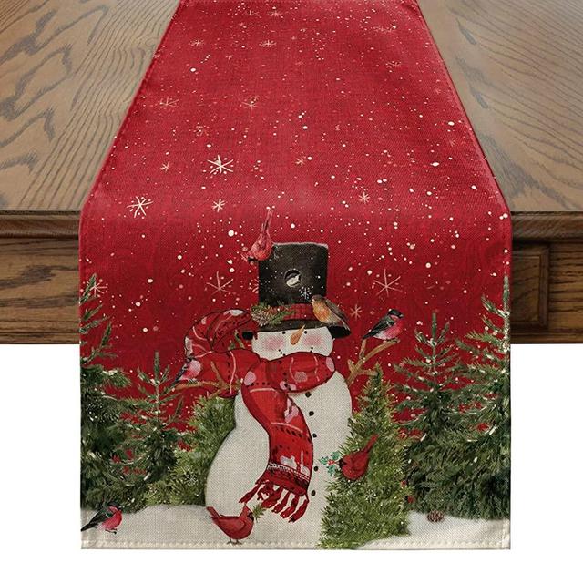 Artoid Mode Snowman Cardinals Trees Snowflakes Christmas Table Runner, Seasonal Winter Xmas Holiday Kitchen Dining Table Decoration for Indoor Outdoor Home Party Decor 13 x 90 Inch